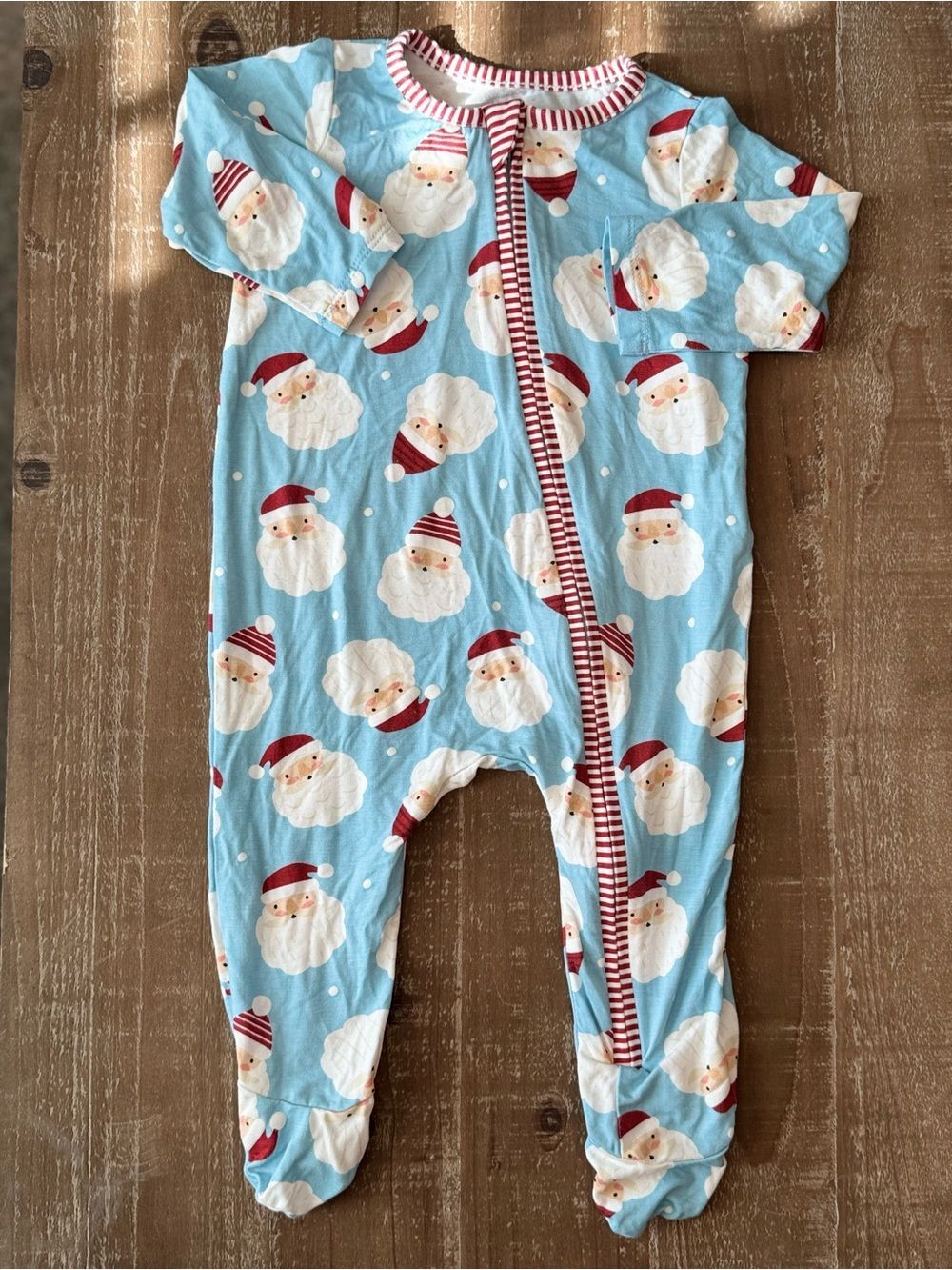 +MudPie Light Blue Santa Footed One-Piece Pajama 6-9M Baby First Christmas